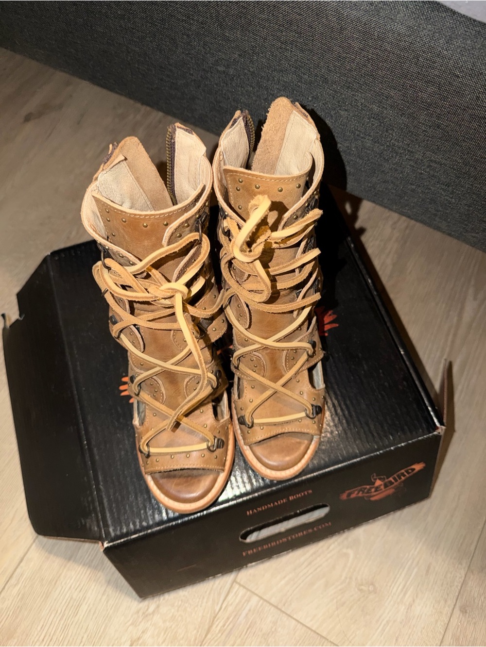 🔥🔥 Freebird by Steven - Brandy / Tan - LaceUp Block Heel Sandals - 7W - me -->😭😭 - Picture 3 of 4